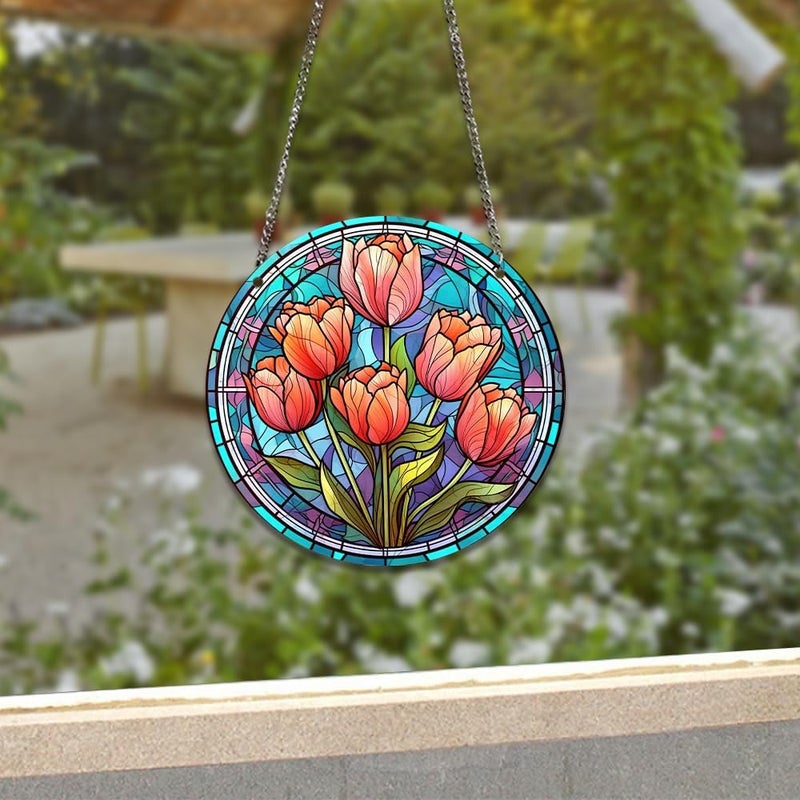 HOTIYOK Red Tulips Flower Acrylic Window Hangings Retro Stained Window & Wall Decor, Ideal Housewarming Gift, Home Decor for Mom, Grandma, Wife, Teacher, Floral Lover - Image 3